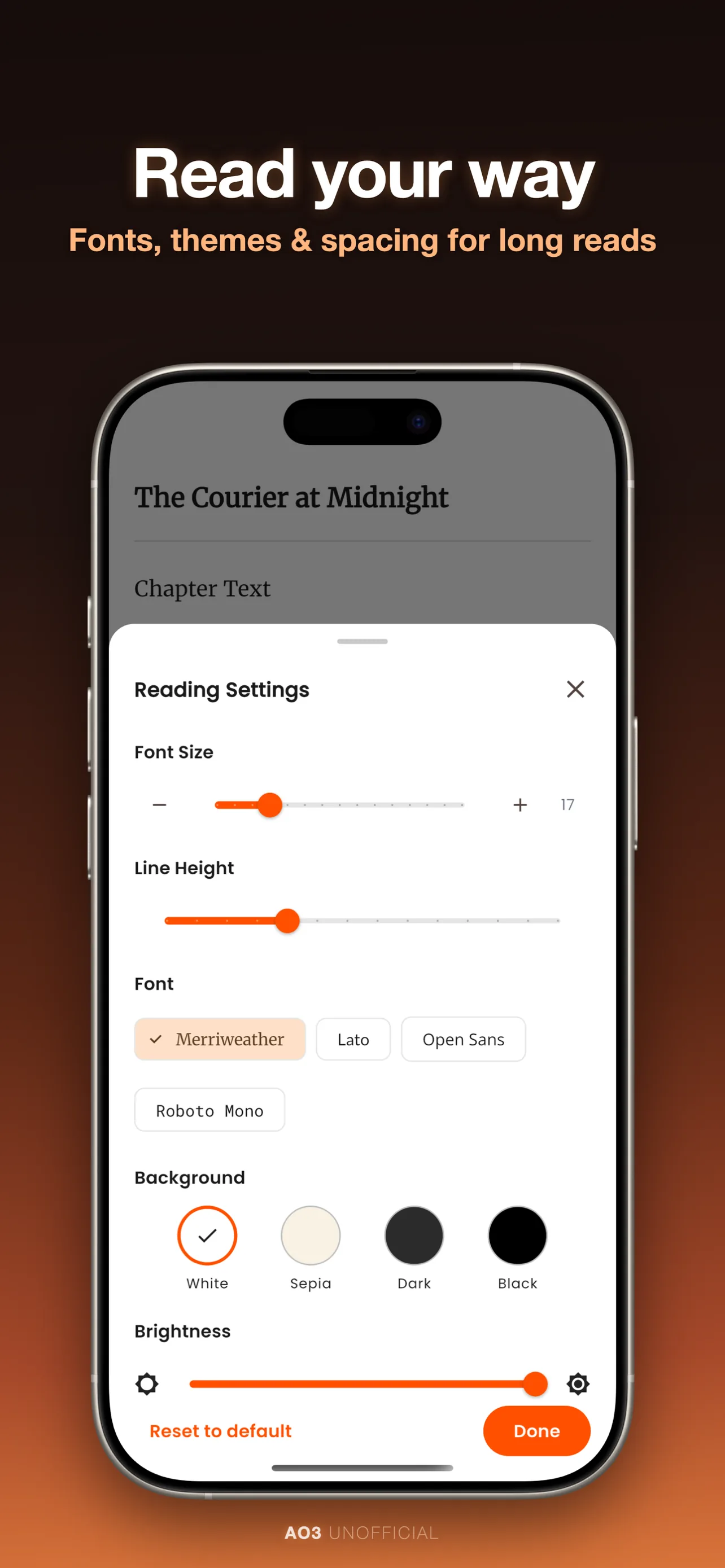 ArchFic customizable reader settings