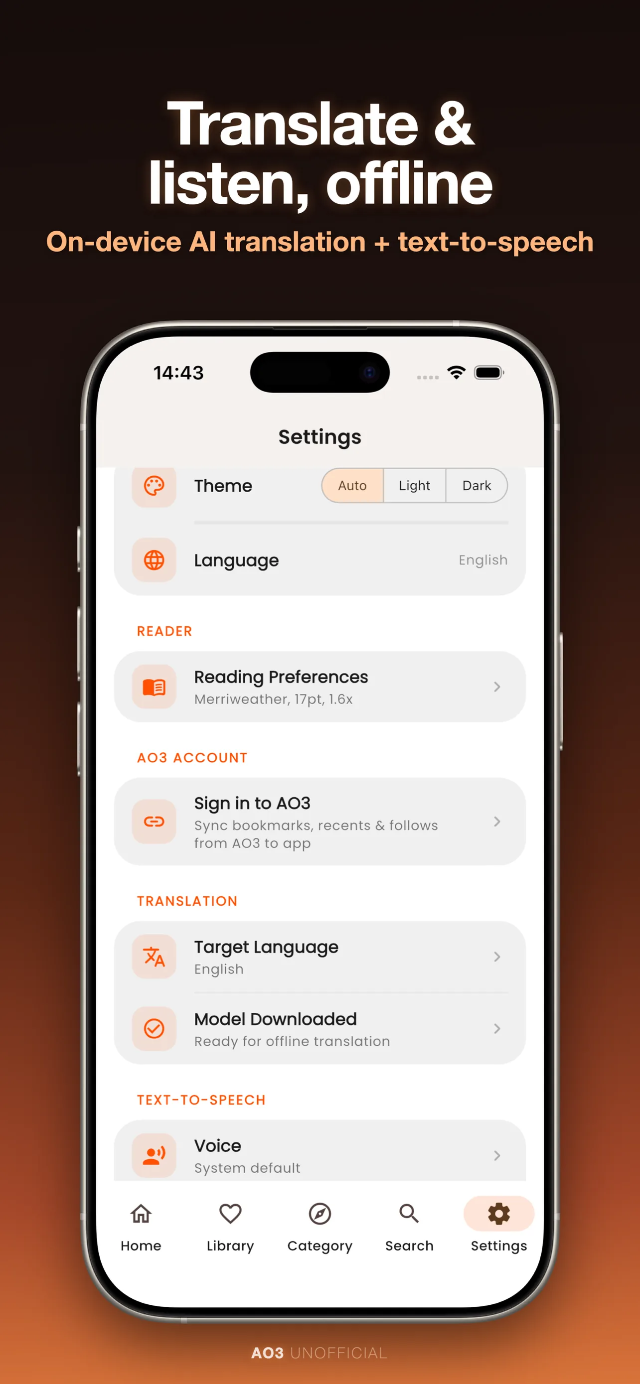 ArchFic on-device translation and text-to-speech settings