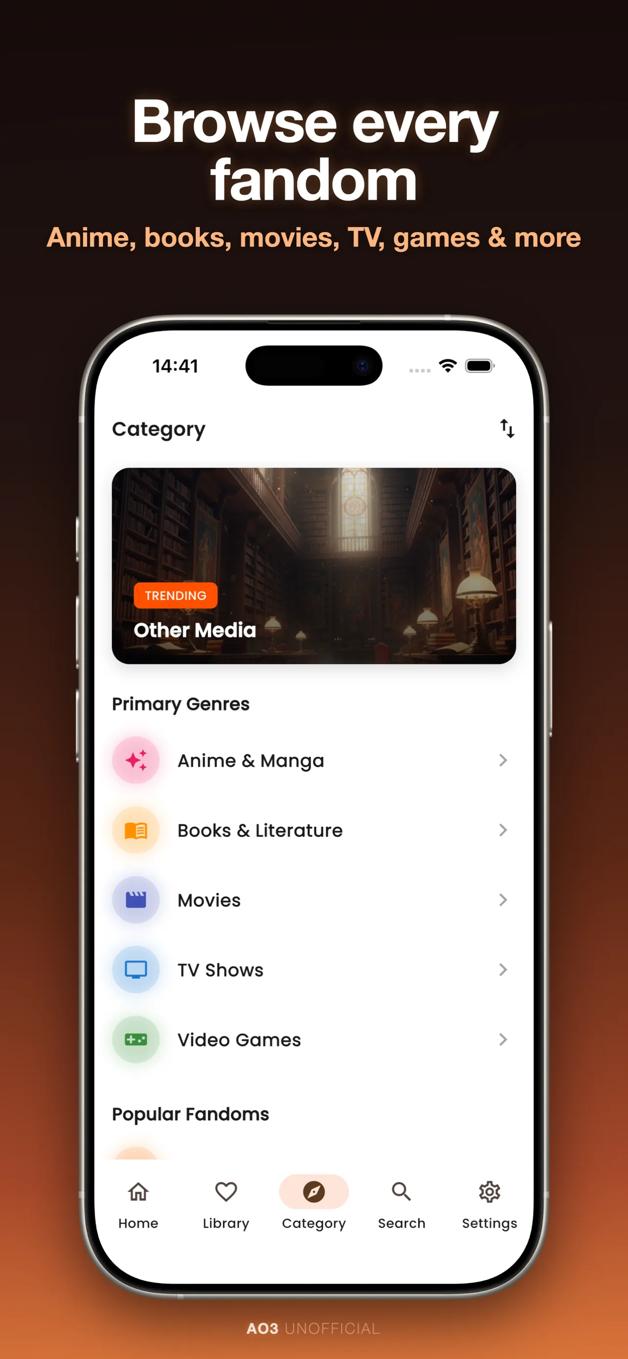 ArchFic browse categories and fandoms