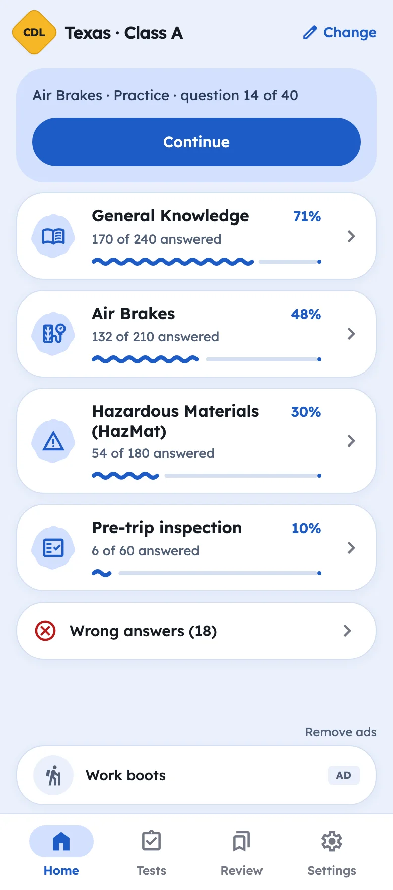 Home screen showing CDL sections and study readiness