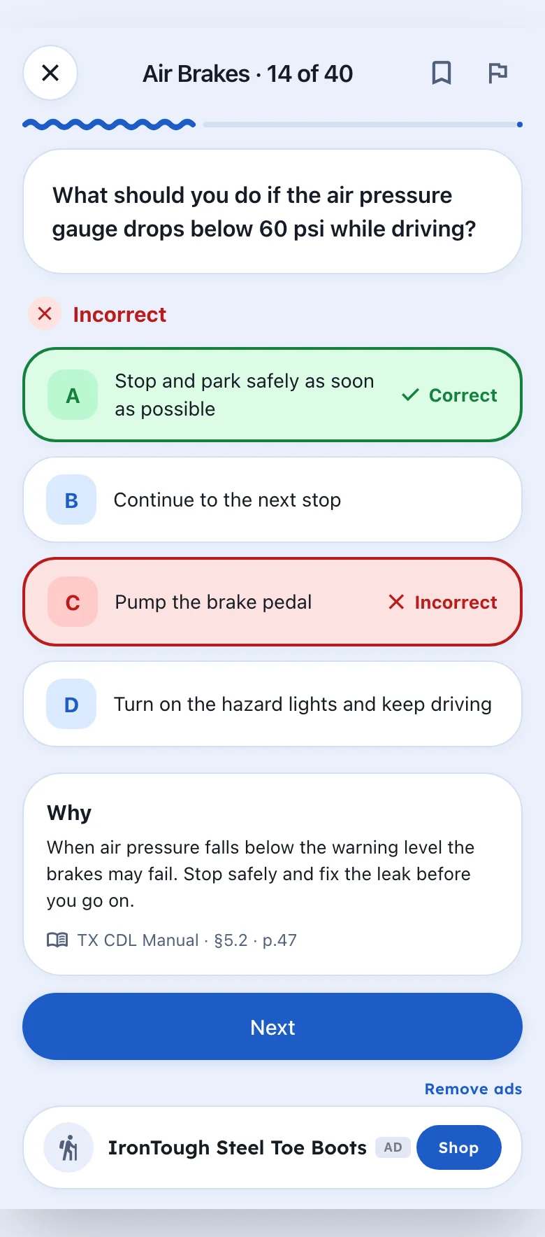 Explanation screen with a CDL manual source