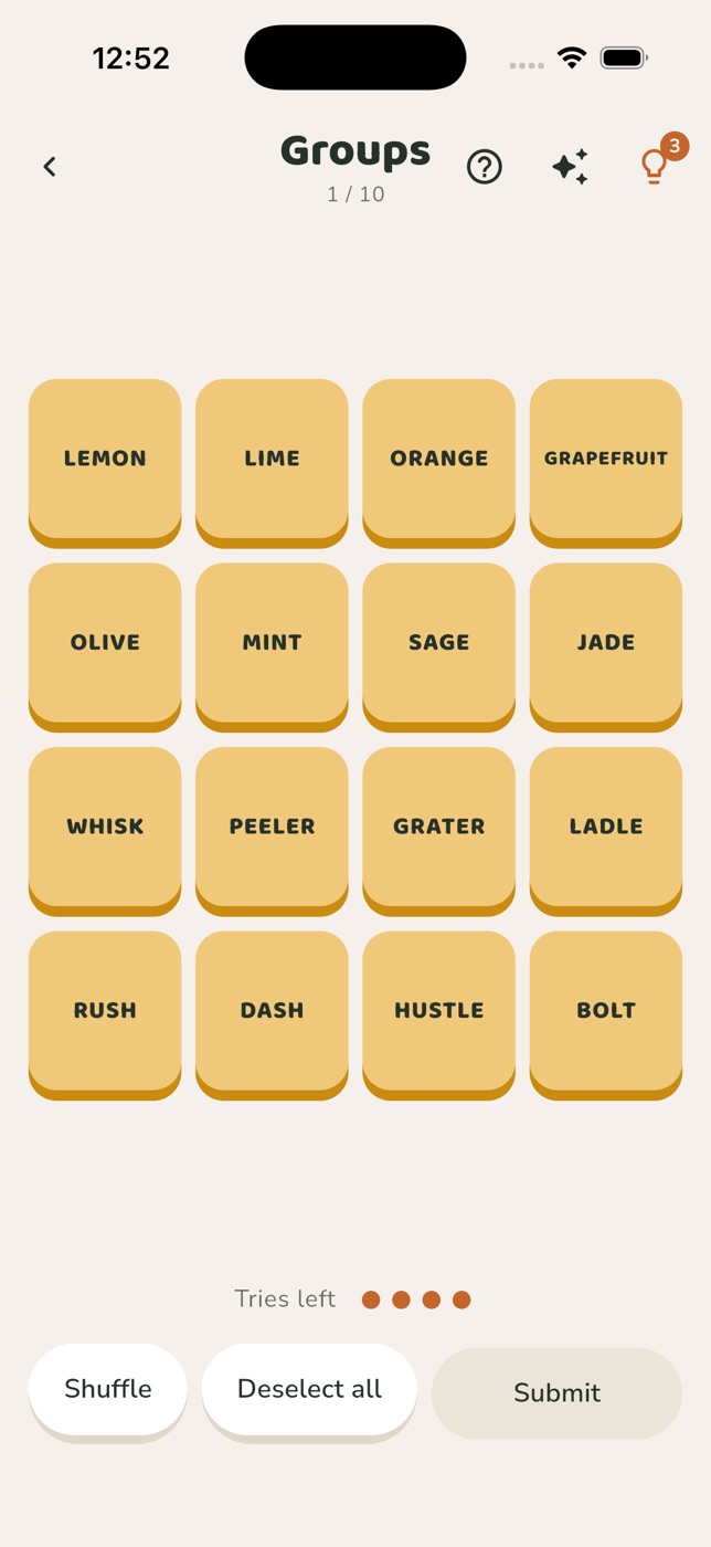 Sixteen words, four groups, four tries to spend