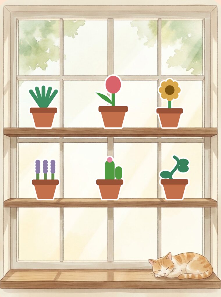 Two shelves of potted plants in a sunlit window, with a cat asleep on the sill